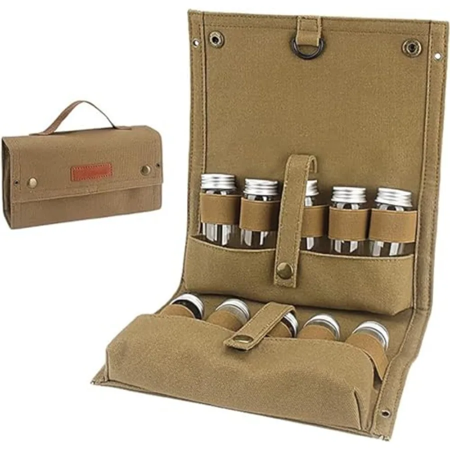 

Travel Spice Kit Portable Spice Bag with 10 Spice Jars Canvas Seasoning Storage Bag Organizer Seasoning Bottle Holder with Mini