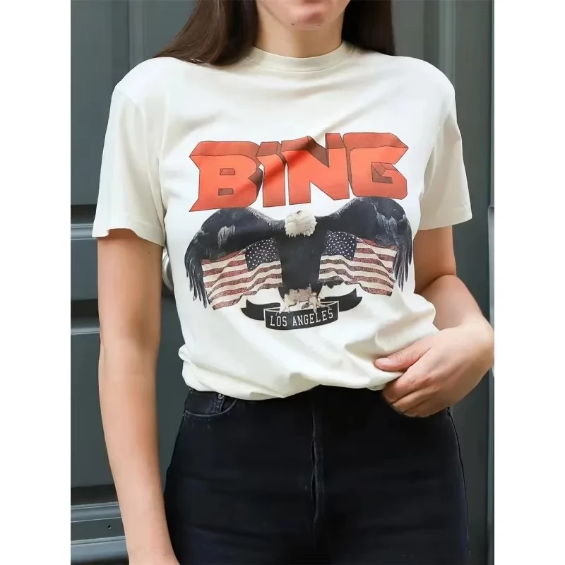 New AB Womens Bing T-shirt Women Top Tee Shirts Men Short Sleeved Loose O-neck Ladies Retro Washing Eagle Flag Clothing