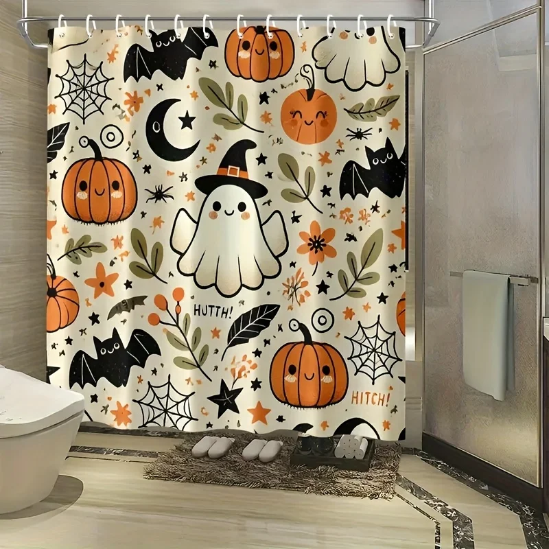 1pc Spooky Cute Friendly Halloween Shower Curtain Suitable for Home & Travel Bath - Machine-Washable with Bat,, Jack-O-Lantern,