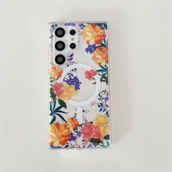 Transparent Flowers Magnetic Case for Samsung Galaxy S25 Ultra/S24 FE/S23 Plus Clear Hard Acrylic Wireless Charge Cover