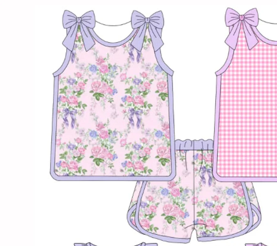 New Girl Boutique Children's Clothing Bow Accent Sleeveless Top Shorts Set Floral Plaid Print Bummie Set Sister Clothing