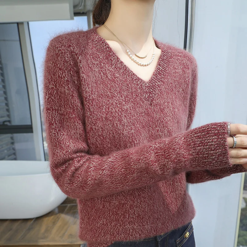 100% mink cashmere sweater Autumn and winter new women's V-neck jumper fashion color sand knitted warm base shirt top