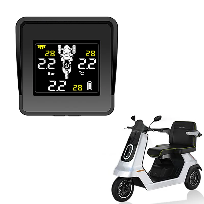 Solar Wireless Tire Pressure Monitoring System Motorcycle TPMS Tire Pressure Monitor LCD Display 3 External Sensors