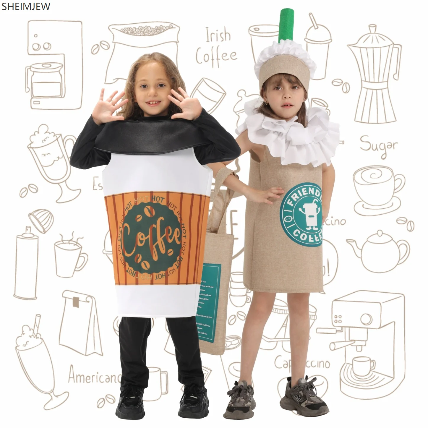 

Halloween Costume Party Children's Food Latte Jumpsuit Green Cocoa Drink Milk Tea Stage Cosplay Performance Fun Frappuccino Set