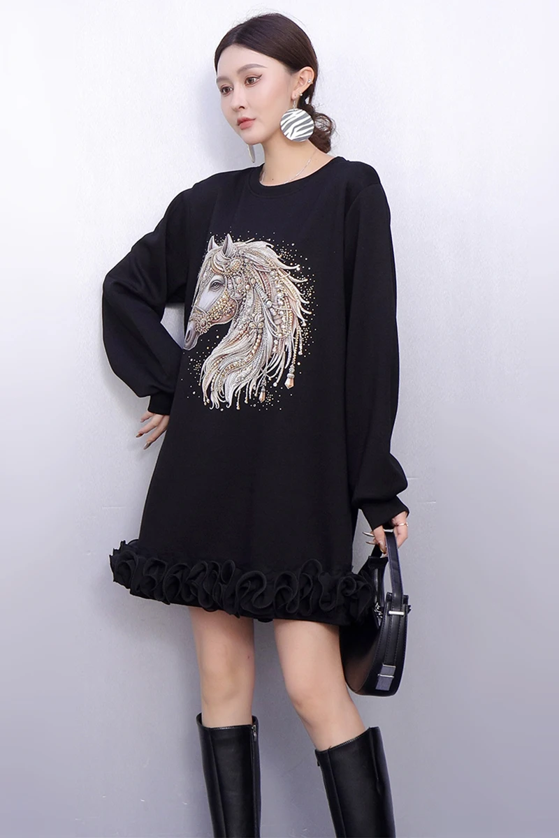 

2025 зимняя элегантная женская повседневная толстовка с капюшоном, свободные длинные платья с принтом, женское декоративное платье с длинными рукавами и блестками, оптовая продажа J2110