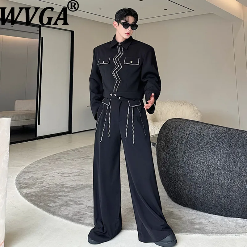 

WVGA Spring Autumn New Man Tide Stitching Embroidery Trendy Short Jackets Niche Chic Casual Wide-Leg Pants Two-Piece Sets W15276
