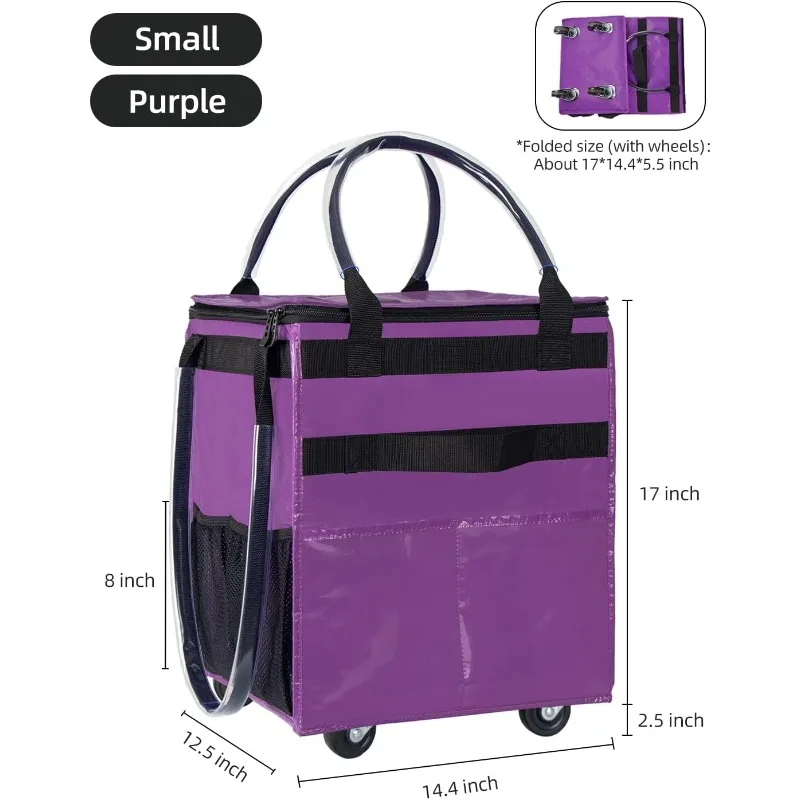 Reusable Grocery Bag On Wheels Shopping Trolley,8 Pockets and Zipper Cover Foldable Rolling Tote, Carries Up to 22 LBS