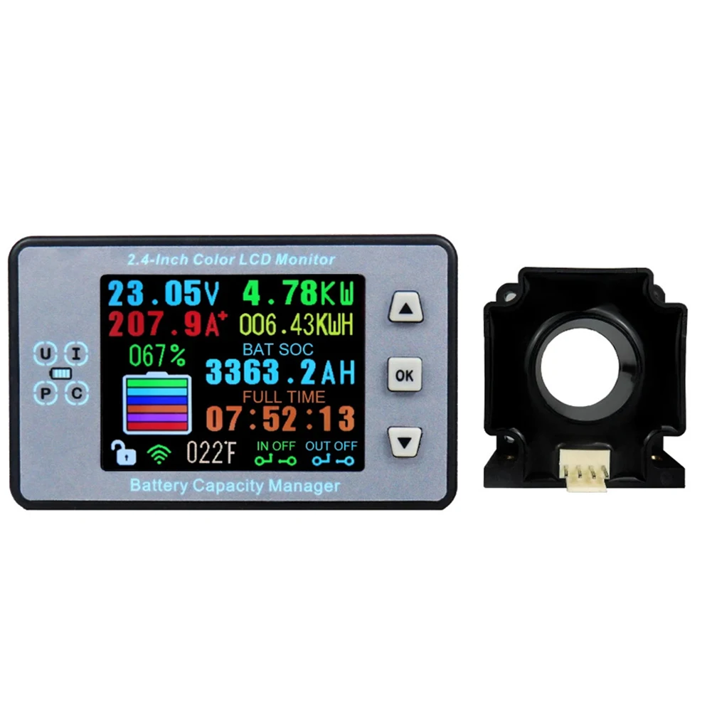 

Wireless Battery Monitor Meter for DC 120V 100A with Voltage Amp Capacity AH Power KW Temperature and Relay Trigger