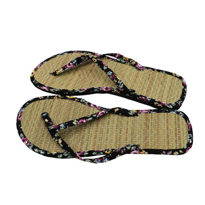 Ladies Straw Mat Slippers Fashion Floral Strap Flat Flip Flops 2024 Summer Newest Leisure Rattan Grass Weave Home Slippers