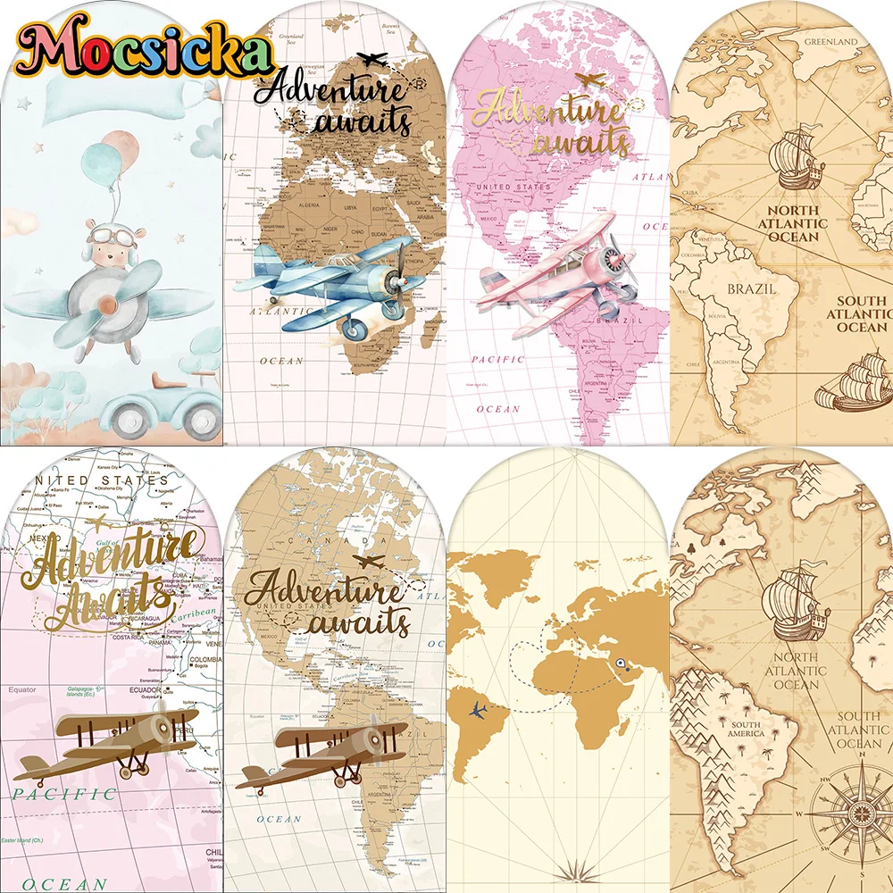 Mocsicka 2-Sided Arch Cover World Map Adventure Travel Backdrop Baby Shower Arch Wall Children 1st Birthday Party Prom Studio