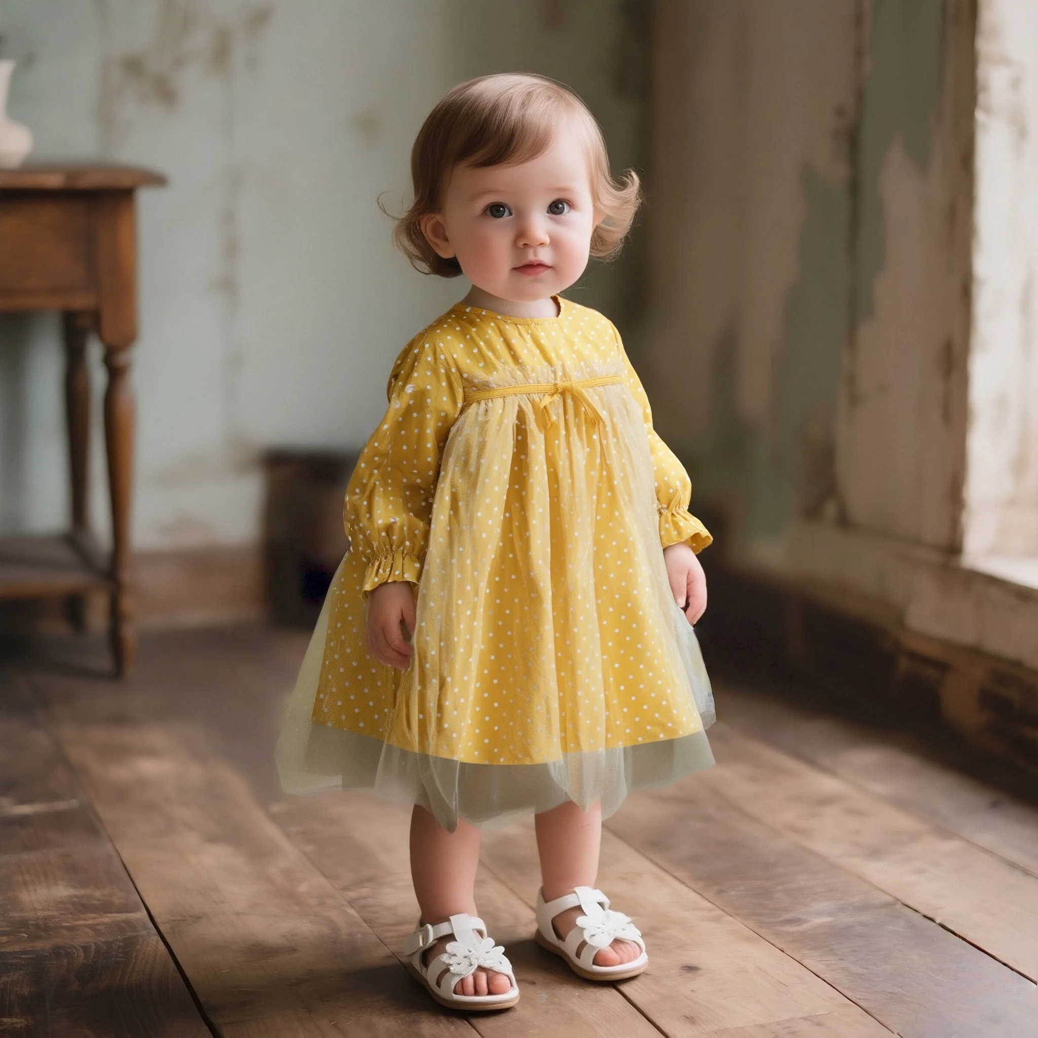 

Платье для малышей, осенние новые платья с длинными рукавами для девочек, сетчатая одежда в горошек с милым бантом и оборками по краям, одежда для малышей