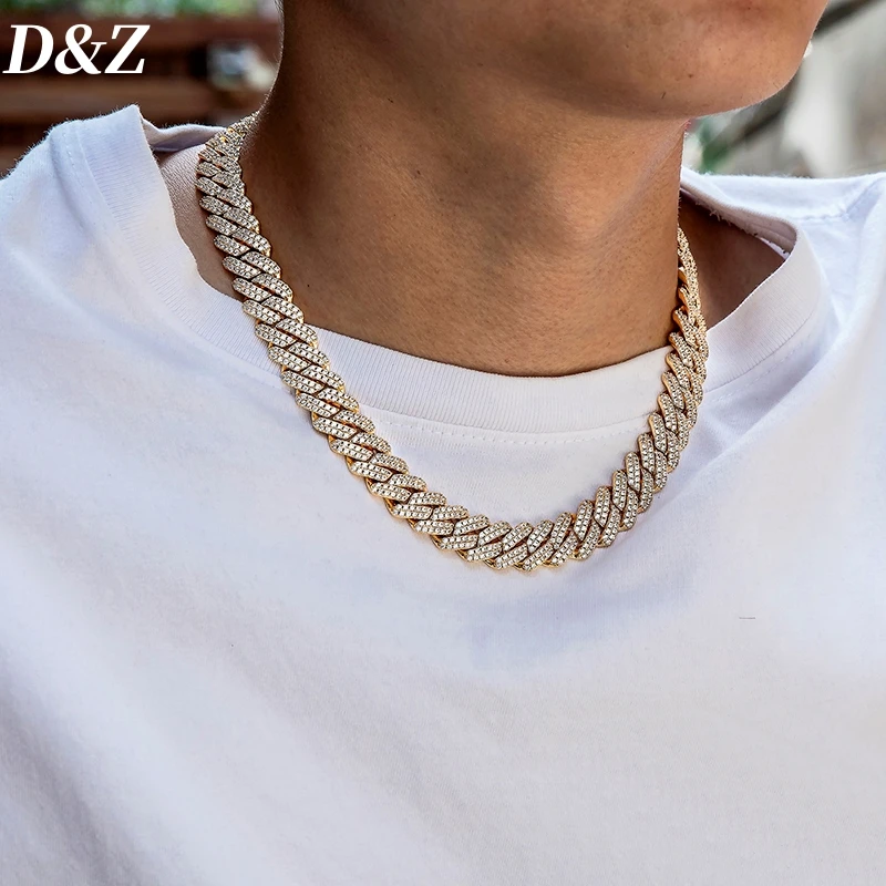 

D&Z Hip Pop 12MM Width Iced Out CZ Stones Cuban Chain Necklace For Men Gold-Plated Copper High Quality Rapper Jewelry Gift