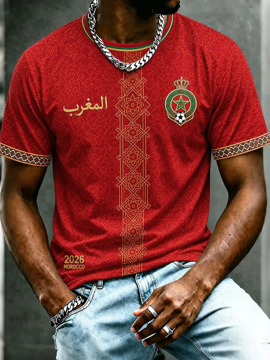 Marokko 2026 Heim-Fußballtrikot Rot Islamischer 3D-Druck Kurzarm-Fußballshirt Arabischer Schriftzug Fan Sport T-Shirt Top