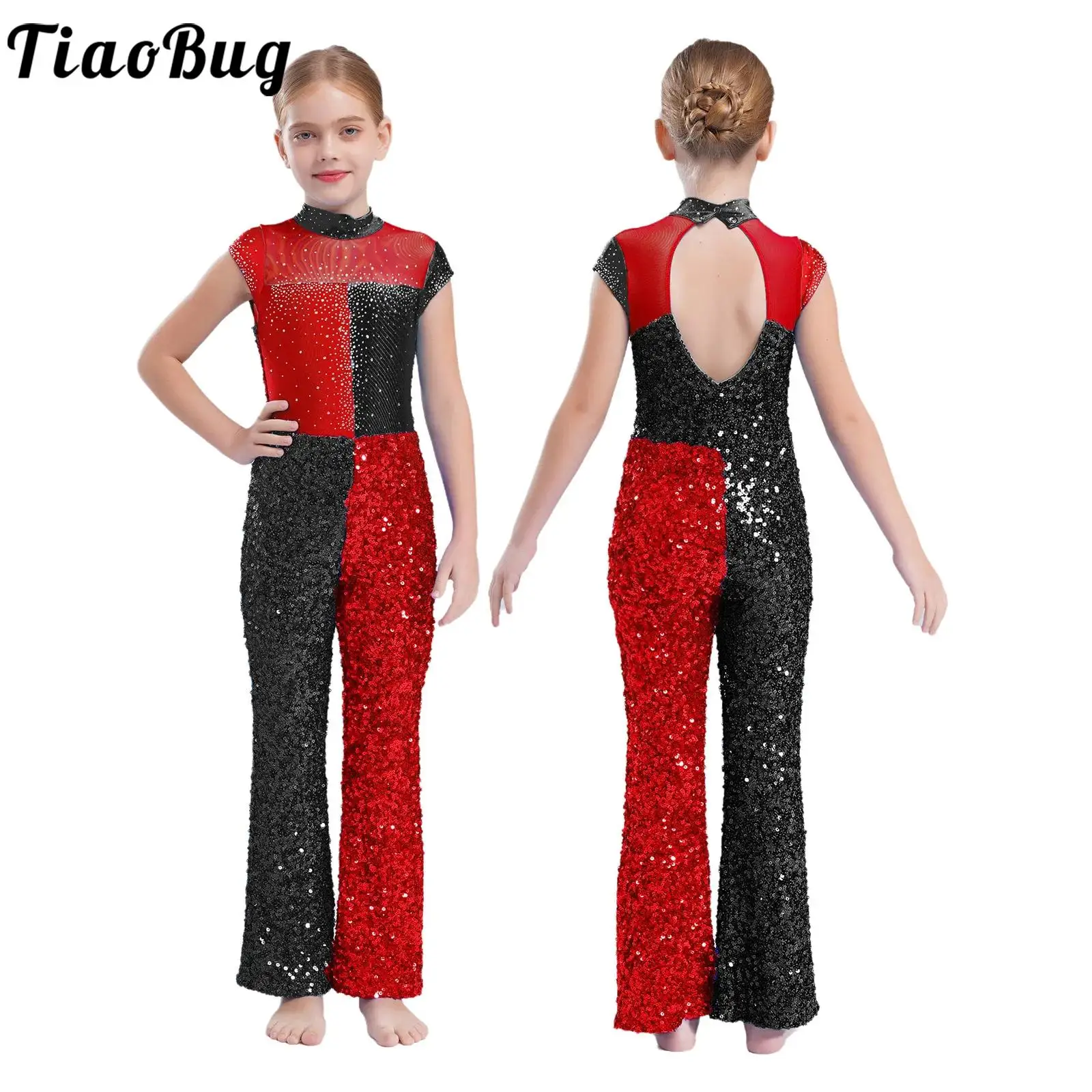

Girls Glittery Jazz Tango Ballroom Dance Dresses Leotard Mock Neck Sequin Color Block Jumpsuit Gymnastic Ballet Modern Dancewear