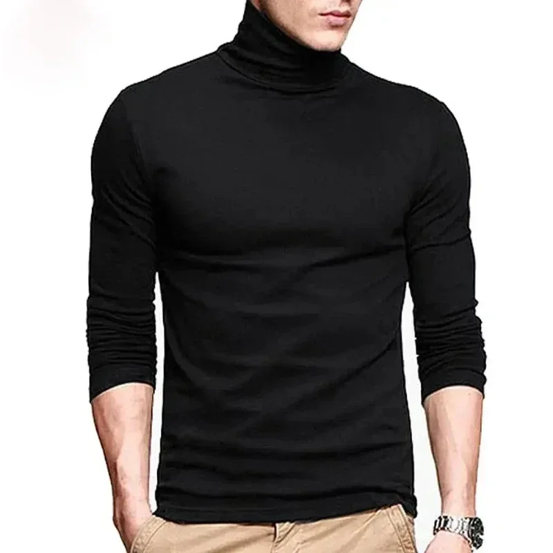 New Men Fashion T Shirt Tees Slim Tops Male Stretch T-shirt Turtleneck Long Sleeve Tee Shirts High Collar Men's Cotton Tees