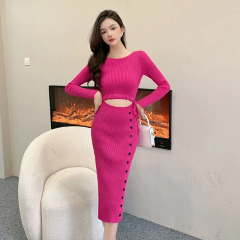 Fall/Winter 2024 New French Drawstring Leaky Waist Knit Dress Temperament Slim Fit Fashion Celebrity Button Sexy Slit Skirt