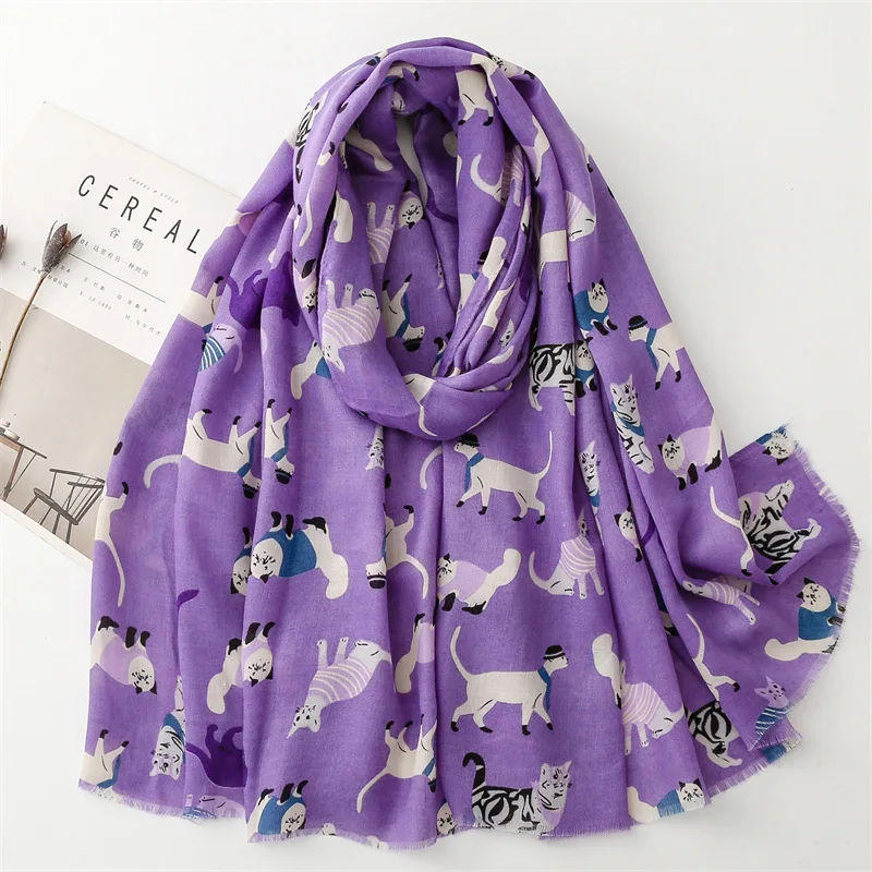 Lovely Cartoon Cat Pattern Fringe Viscose Shawl Scarf Lady Girls High Quality Wrap Pashmina Stole Bufandas Muslim Hijab 180*90Cm