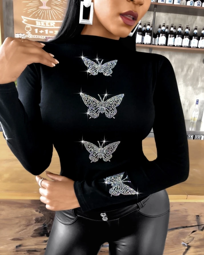 Butterfly Pattern Studded Long Sleeve Top Y2K Clothes One Piece Fashion Woman Blouses 2024 Women's Outfits Female Clothing Tees