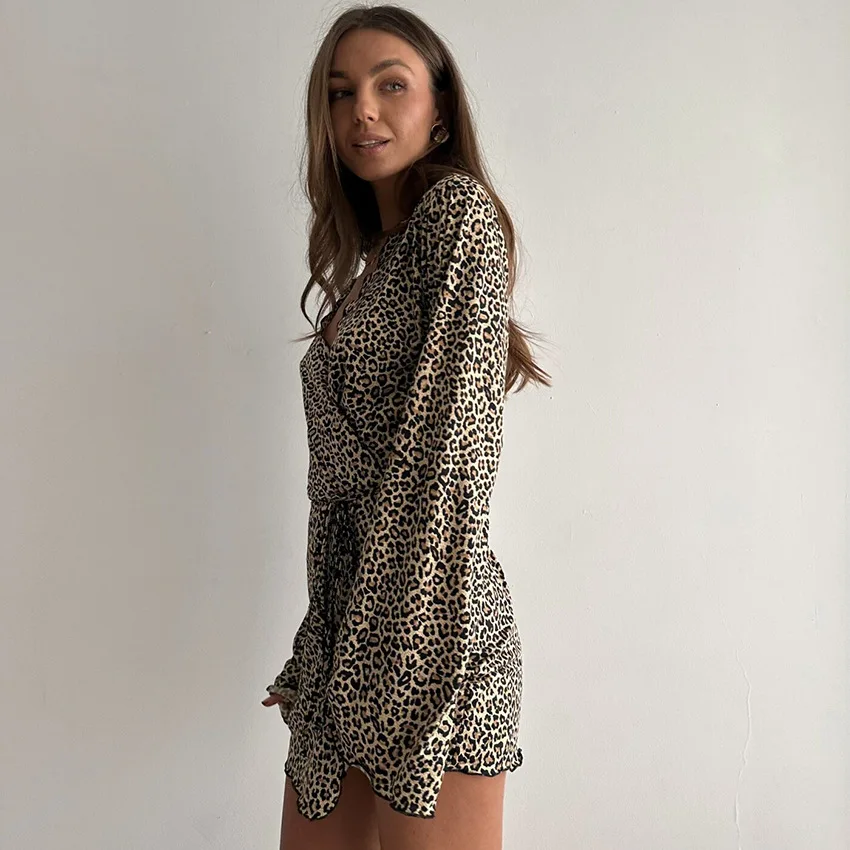 2026 Leopard Print Spring and Summer Pajamas Knitted Long-sleeved Nightgown Lace-up Bathrobe Loungewear Women