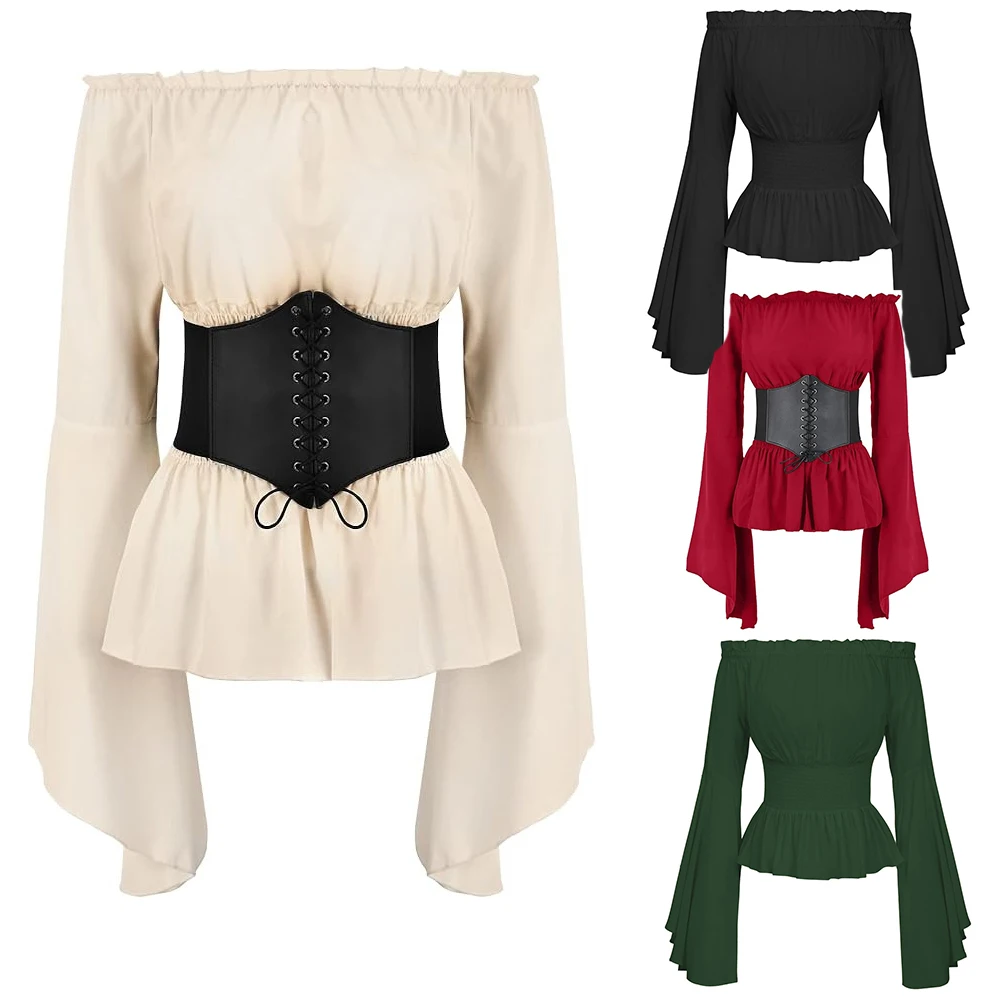 Vintage Renaissance Blouse Peasant Women Off Shoulder Sleeves Shirt Boho Steampunk Pirate Medieval Cosplay Costume Corset Top