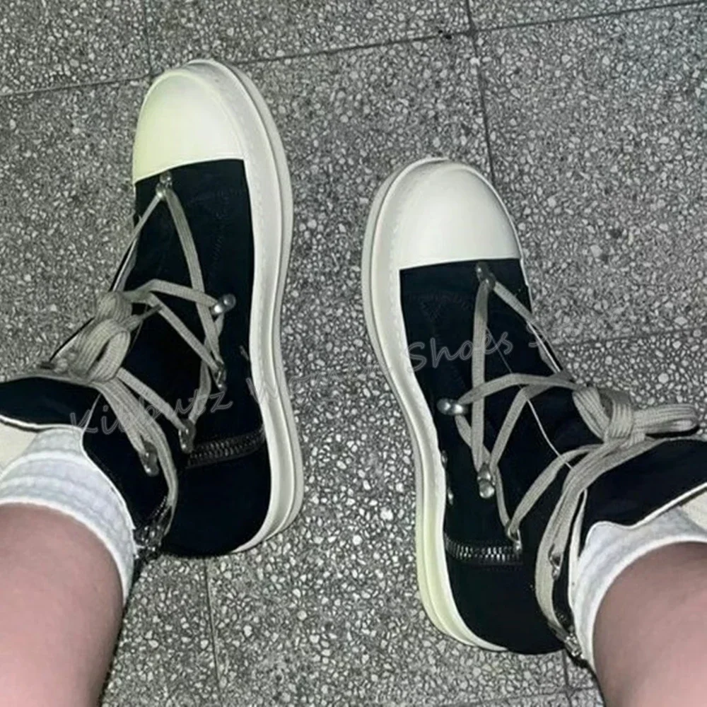 

Canvas Ankle Boots Cross Strappy Platform Round Toe Height Increasing Lace-Up Mixed Color Women Novelty Fashion Women Men Shoes