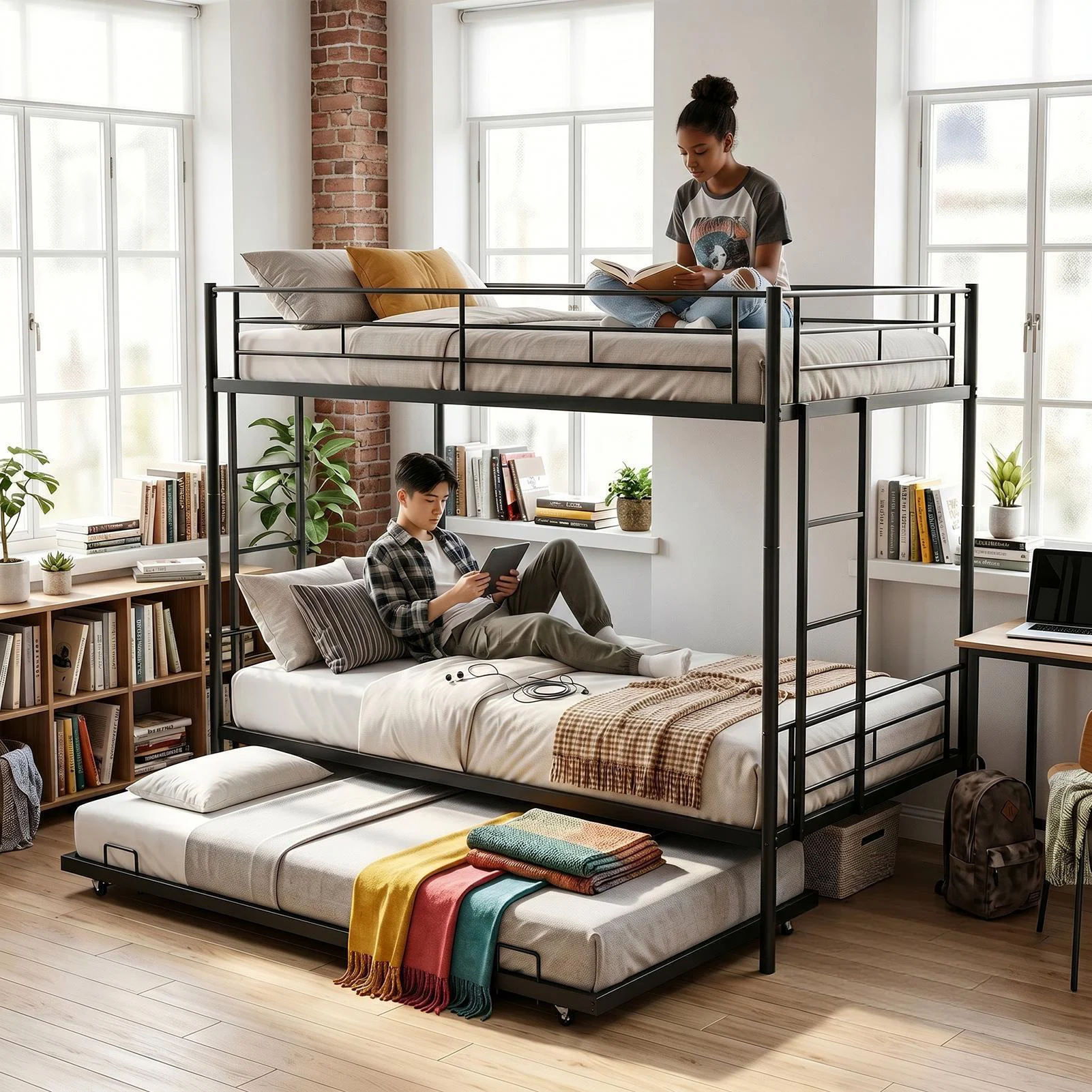 3 in 1 Bunk Bed with Trundle Twin Over Twin Bunk Bed Frame w Dual Ladder and Safety Rails No Box Spring Needed Noiseless Space image 3