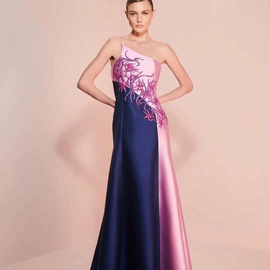 

One Shoulder Prom Dresses A-Line Strapless Sleeveless Embroidery Evening Dress 2023 Saudi Arabia Women's Formal Request