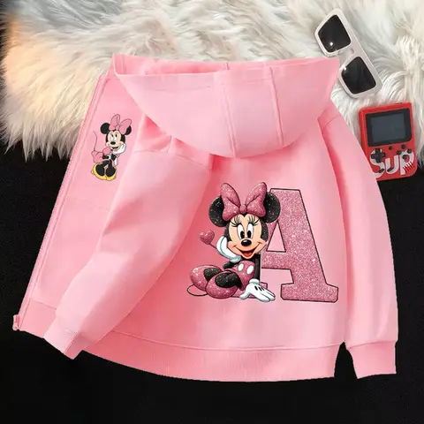 Disney Mickey Minnie Mouse Kids Zipper Hoodies Coats Anime Printed Letter Girls Sweatshirts Spring Children Thin Hooded Jackets