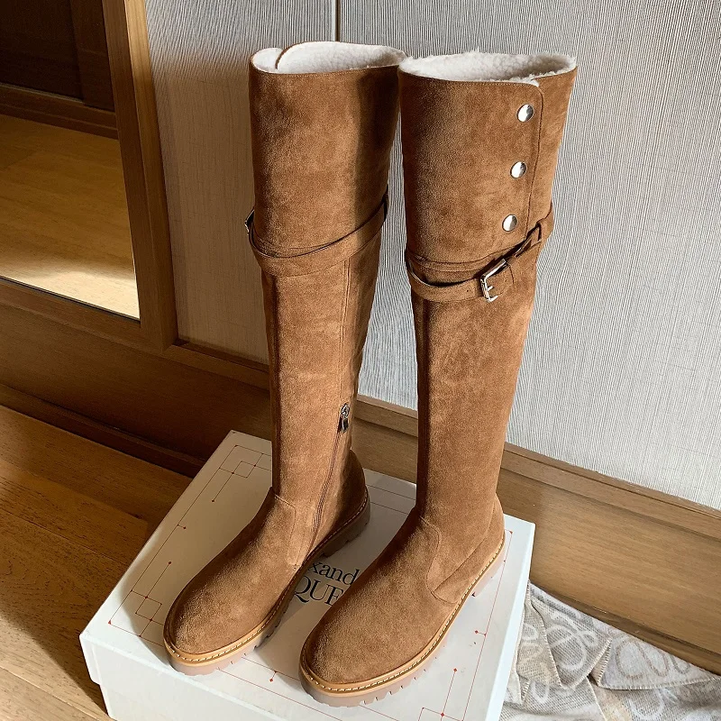 Over Knee High Boots  Side Zippers Girls Fashin Designer Shoes Stretch Suede High Boots Women Warm Winter Boots With Buckle