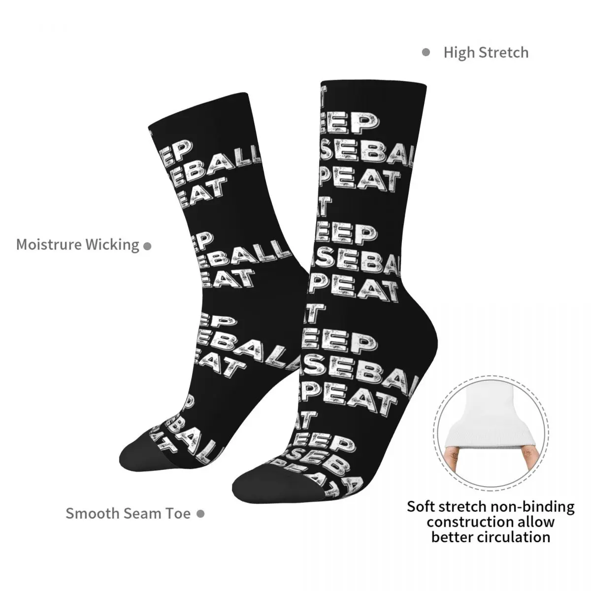 Eat Sleep Baseball Repeat Socken Harajuku Superweiche Strümpfe Ganzjahres-Langsocken Zubehör für Mann Frau Geburtstagsgeschenk