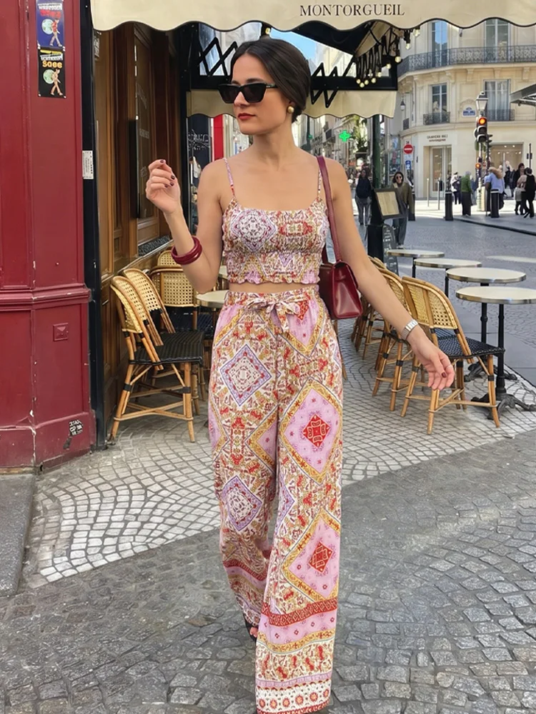 HH Damen Mode Bedruckte Hosenanzüge Ärmelloses Trägertop Lose Lässige Hose mit Elastischem Bund Sommer Damen Boho Outfits 2-teiliges Set
