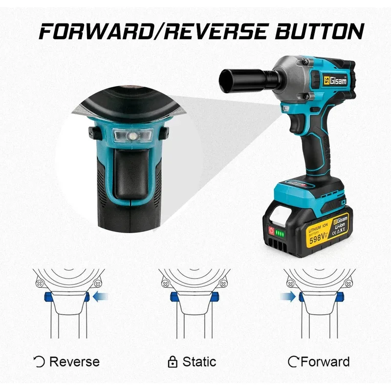 Gisam 1000N.M Torque Brushless Electric Impact Wrench 1/2 inch Cordless Wrench Screwdriver Power Tools for Makita 18V Battery