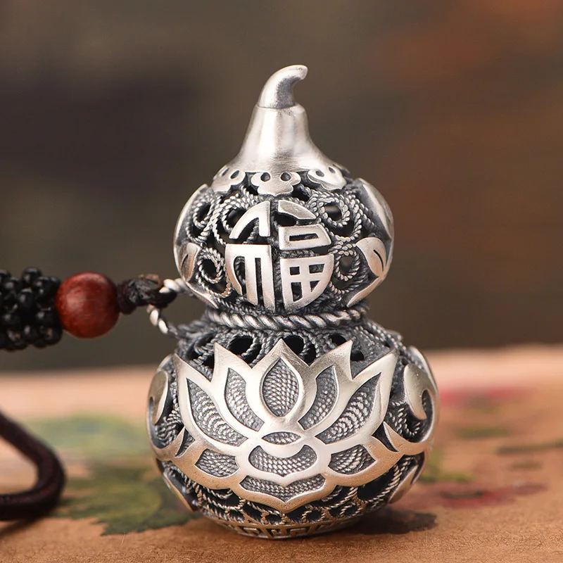 925 Silver Exquisitely Carved Hollow Out Lotus Flower Pendant Fashion Vintage Chinese Style Gourd Necklace for Women Jewelry - Image 2