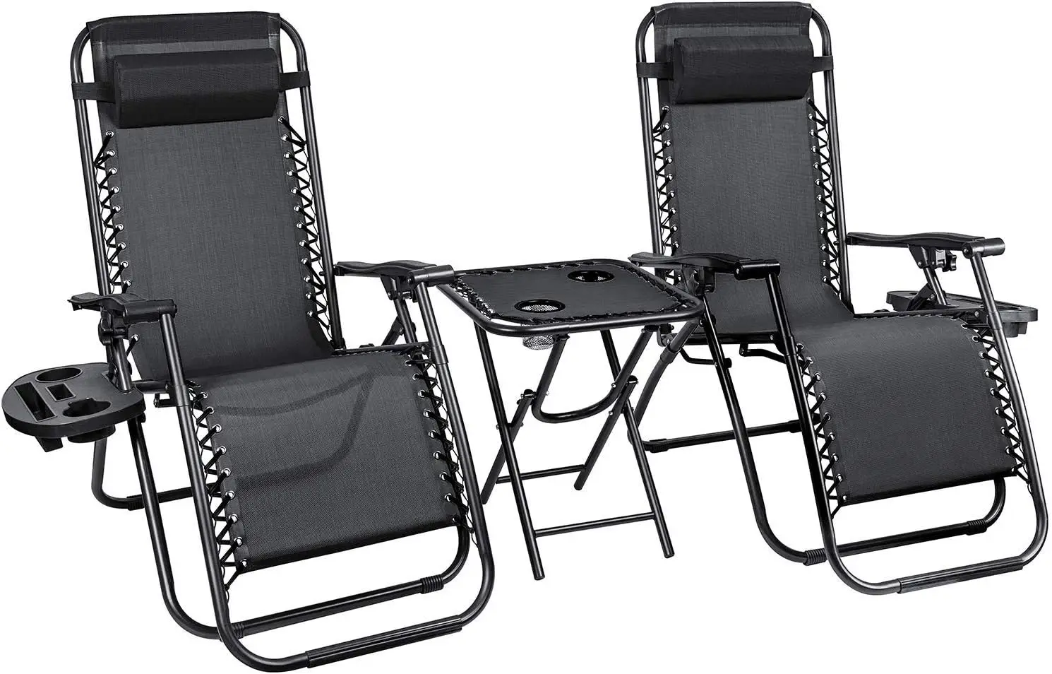 

3-Piece Zero Gravity Recliner Set with Side Table - Folding Outdoor Lounge Chairs for Patio, Beach, Camping, Black
