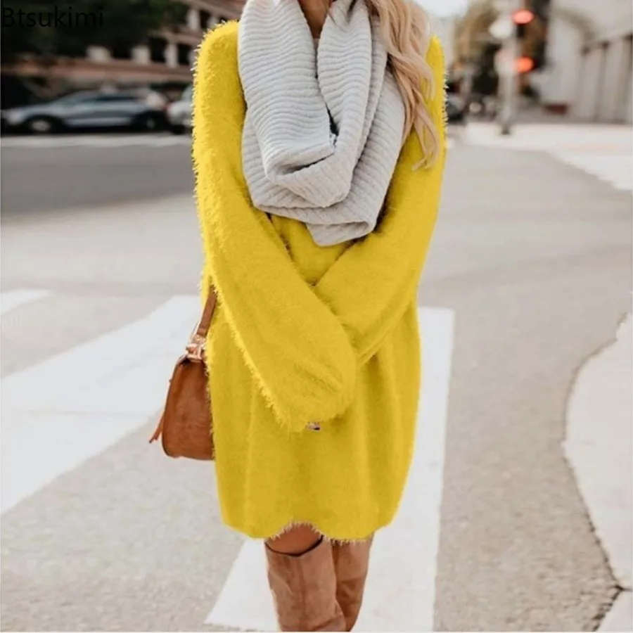 New Women Cute Long Sweater Dresses Casual O Neck Solid Knitted Sweater Dresses Soft Cotton Loose Autumn Winter Pullover Sweater