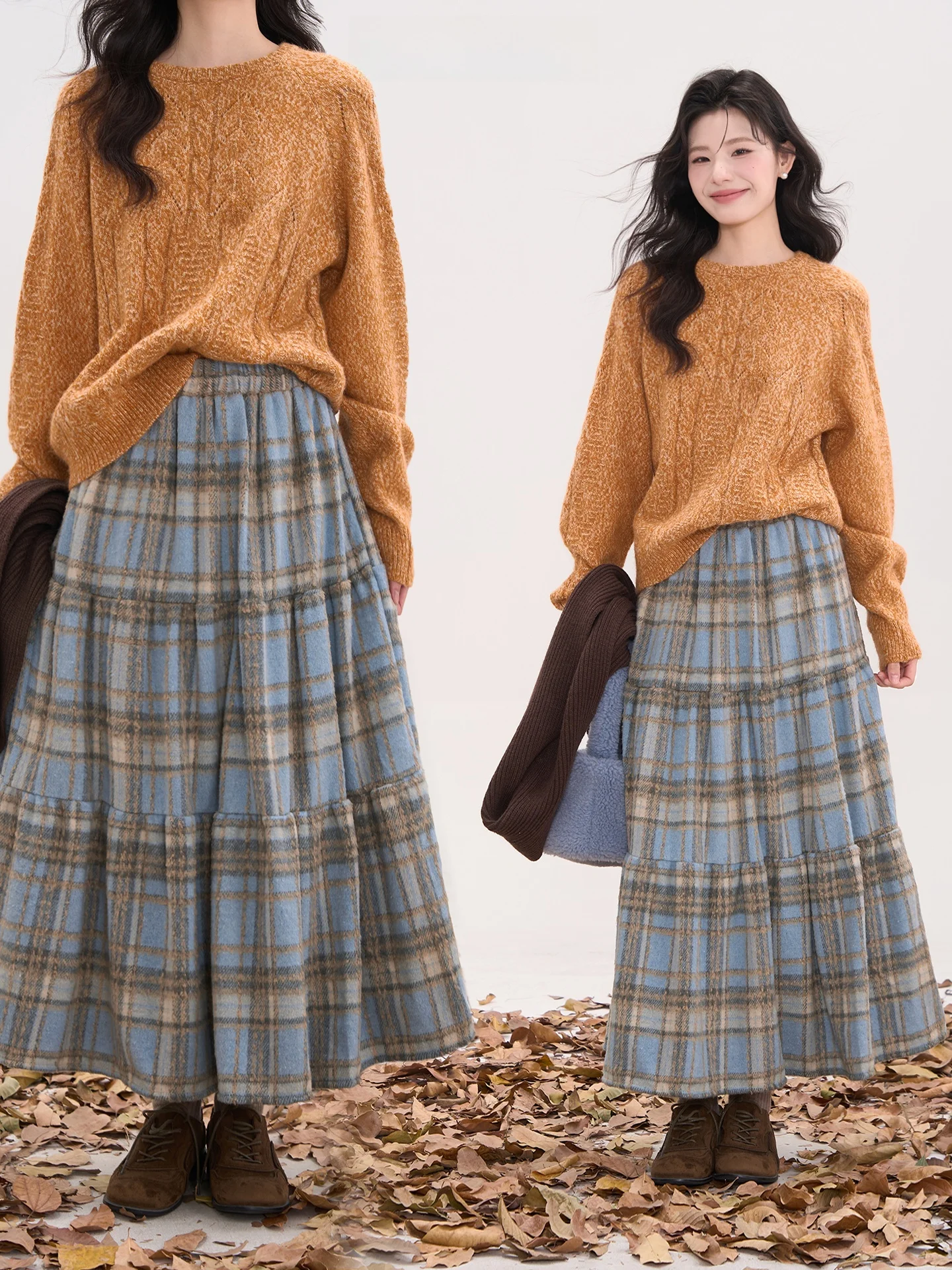 

Юбка А-силуэта с высокой талией, юбка-«торт», шерстяная юбка в клетку, полноразмерная юбка, женская зимняя модная юбка, демонстрационная модель, полиэстер, ретро-стиль