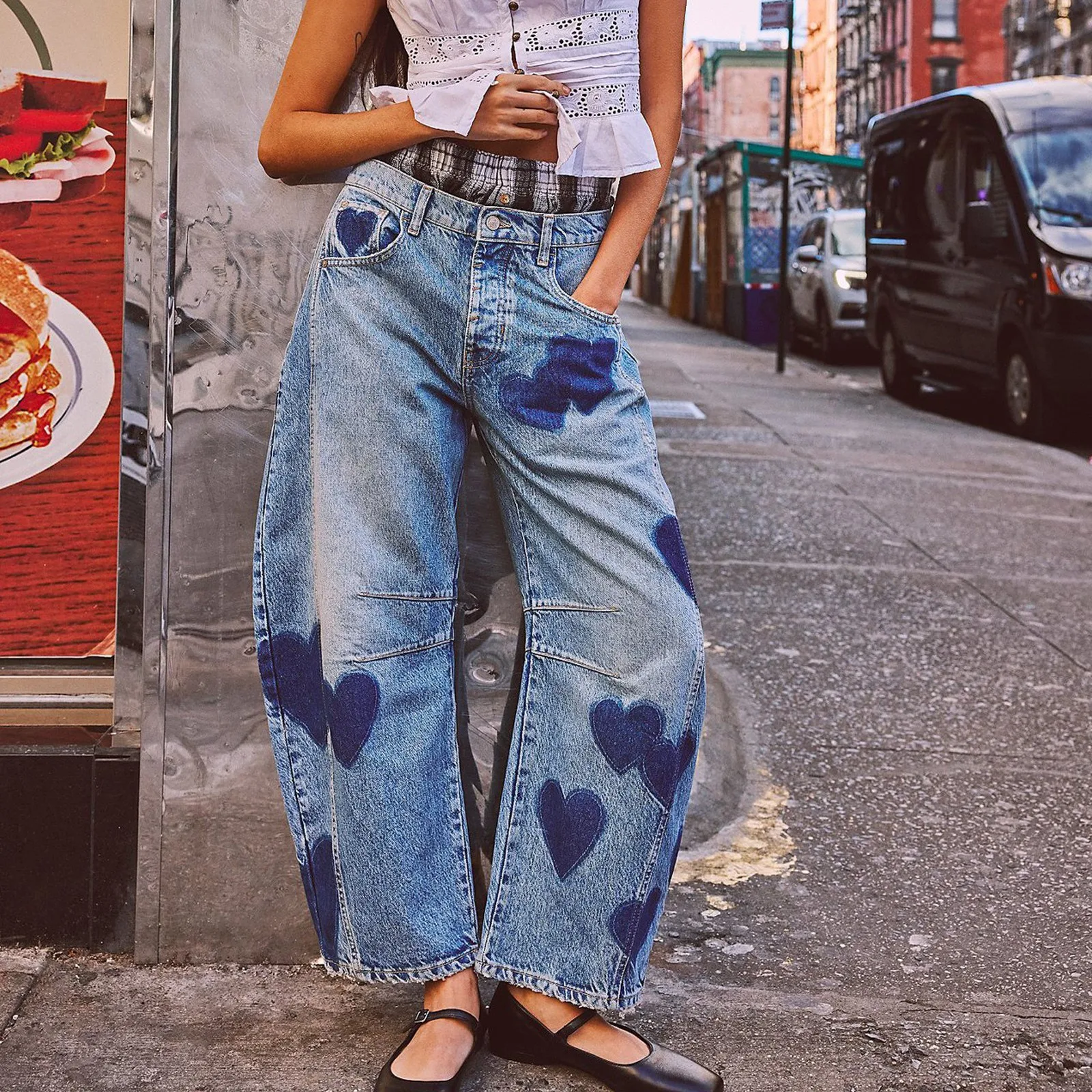 

Jeans Cross Pants Women 2025 Streetwear Print Denims Mid Waist Washed Distressed Pockets Vintage Denim Ankle Length Trousers