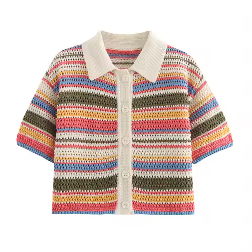 Women Patchwork Striped Hollow Out Crochet Knitted Crop Sweater Shorts Set Short Sleeve Polo Collar Sweater Knit Shorts Suit Y2K - Image 11