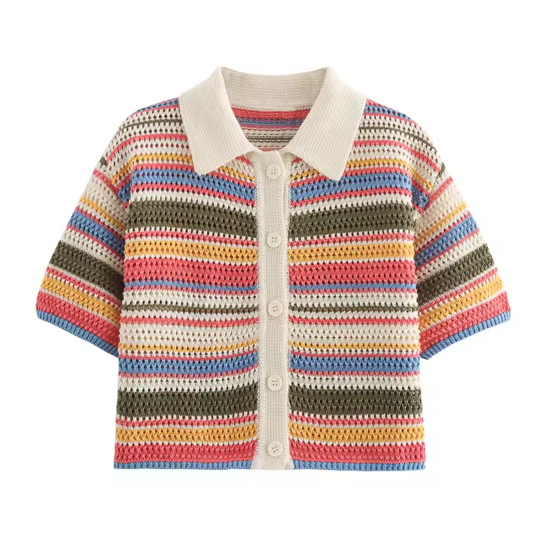 Women Patchwork Striped Hollow Out Crochet Knitted Crop Sweater Shorts Set Short Sleeve Polo Collar Sweater Knit Shorts Suit Y2K - Image 11