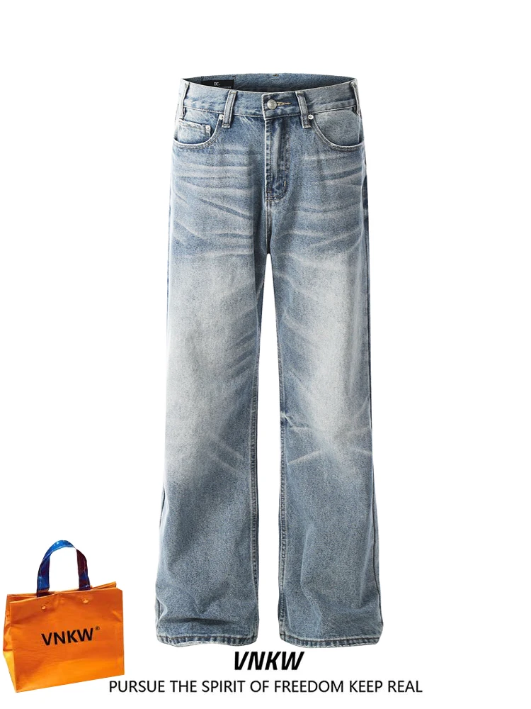 

Cleanfit American High Street Split Pattern Wide Leg Straight Jeans Men's Blue Long Trousers Youth Faion Casual Cotton