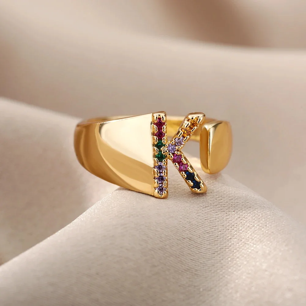 Multi Color Crystal Initial Letter Open Rings For Women Colorful Rhinestone Gold Plating Metal Finger Ring Fashion Jewelry Gift