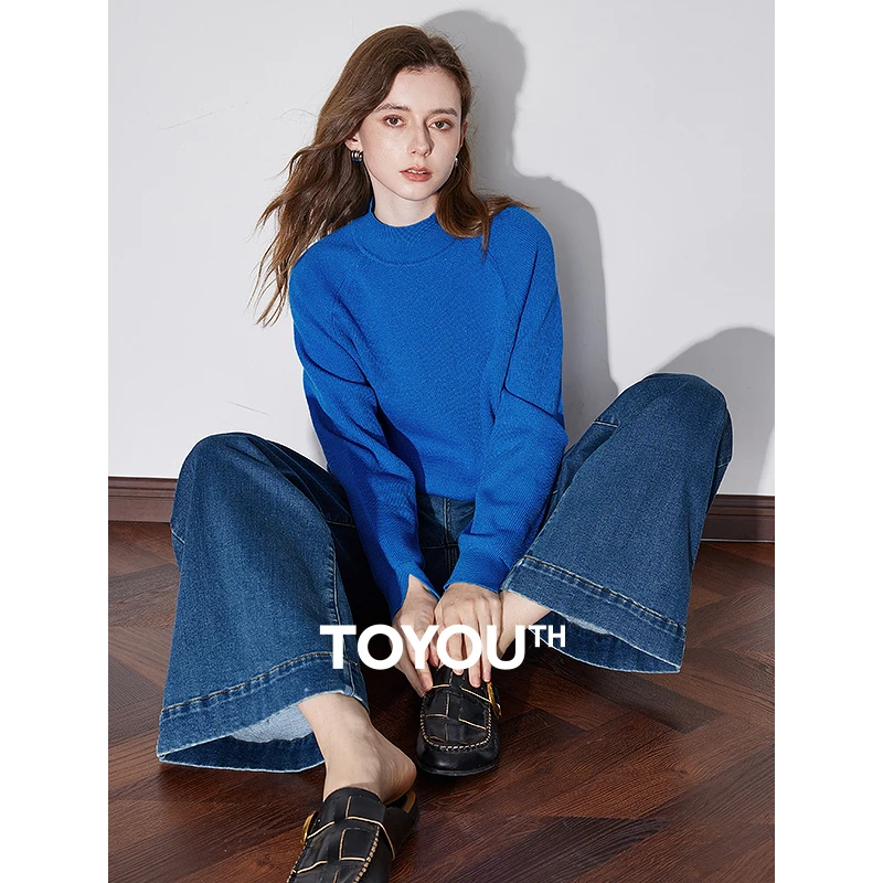 TOYOUTH Women Knitted Sweater 2024 Autumn and Winter New Long Sleeve Wool Pullver Sweater Tops Navy Blue