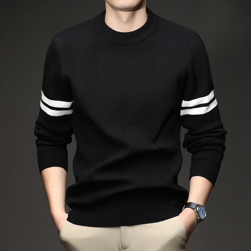 

Мужской свитер с круглым вырезом осенью и зимой, серый полосатый вязаный свитер, базовый свитер, теплый вязаный свитер