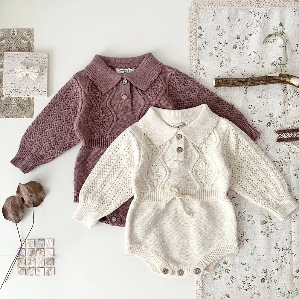 Baby's Knitting One-piece Rompers Lapel Crawling Clothes Baby Girl's Autumn and Winter Long Sleeve Hollowed Out Triangle Romper