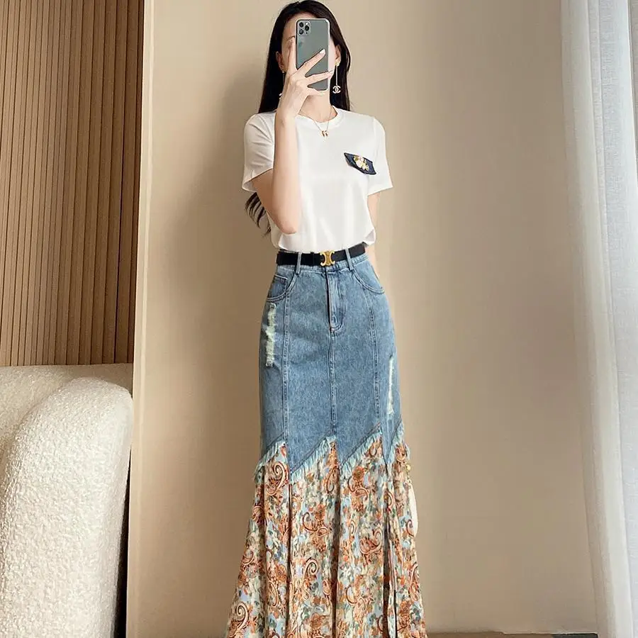 Sweet Set Skirt High Sense Royal Sister Two Piece Set Paired with 2023 New Summer T-shirt Denim Skirt Women\'s Set