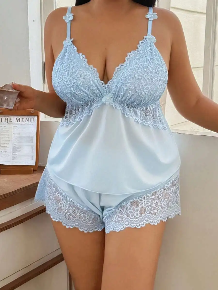 Lace Trimmed Satin Sleepwear Set For Women Light Blue Plus Size Camisole And Shorts