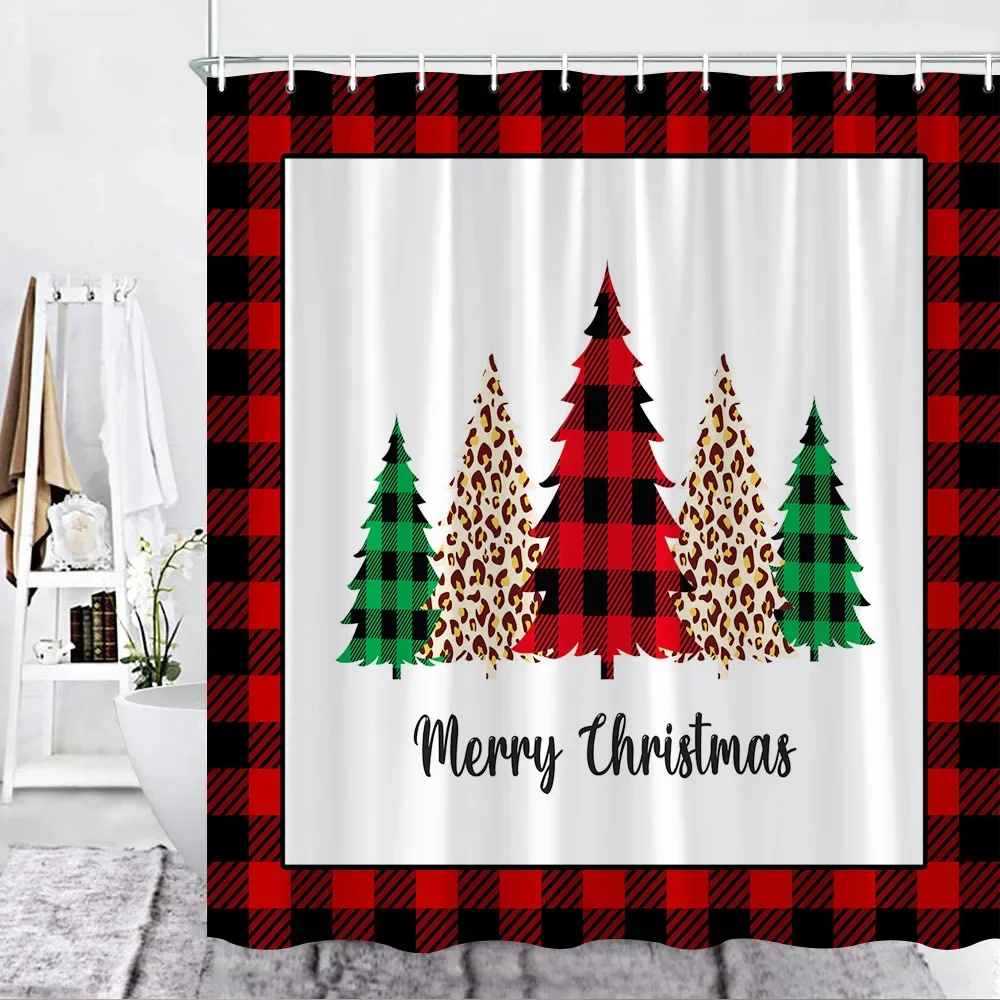 

Farmhouse Christmas Shower Curtain Set Red Black Buffalo Checkered Border Xmas Tree New Year Decor Fabric Hook Bathroom Curtai