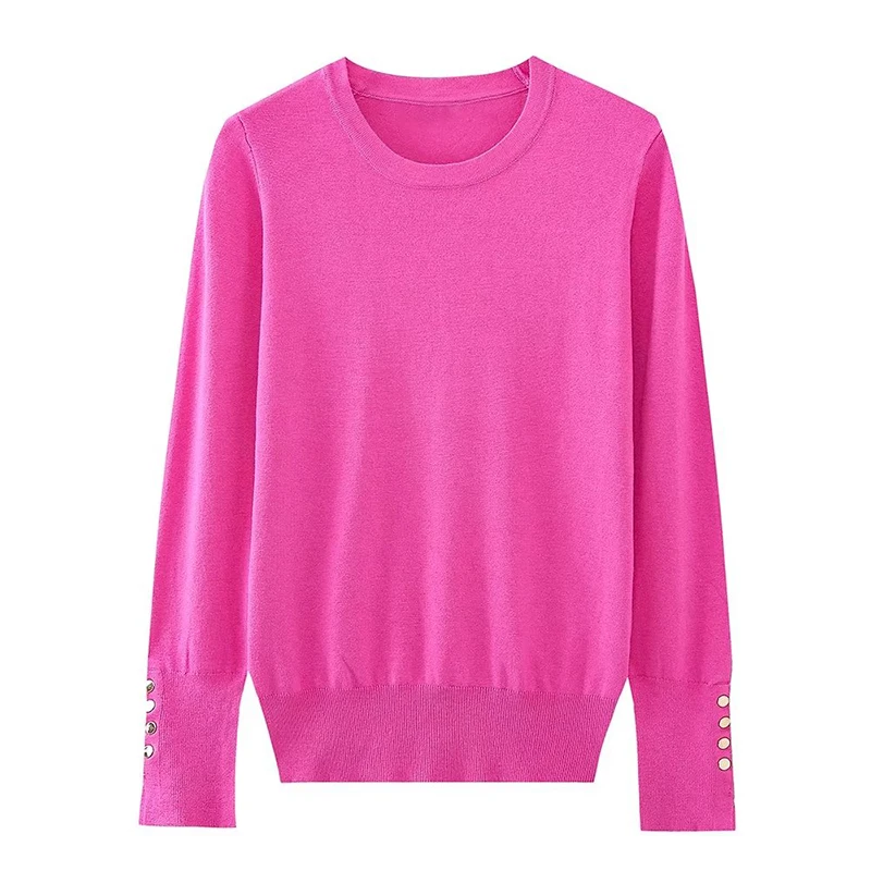 YENKYE Autumn Women Solid Round Neck Long Sleeve Basic Knit Sweater Casual Pullover Tops