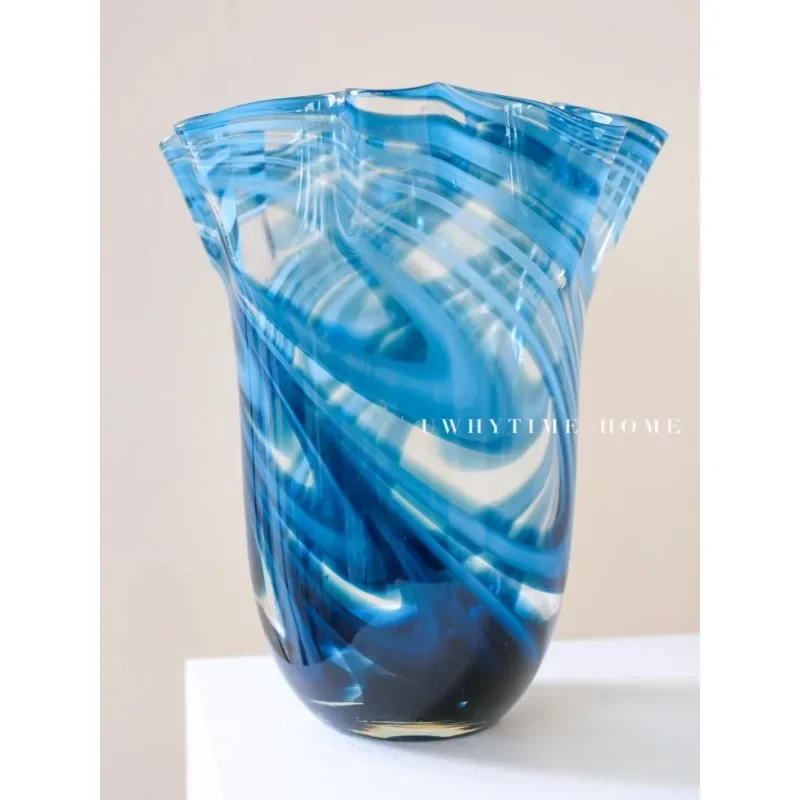 

Medieval vase, blue striped texture wrinkled large diameter Nordic handmade glazed flower arrangement advanced