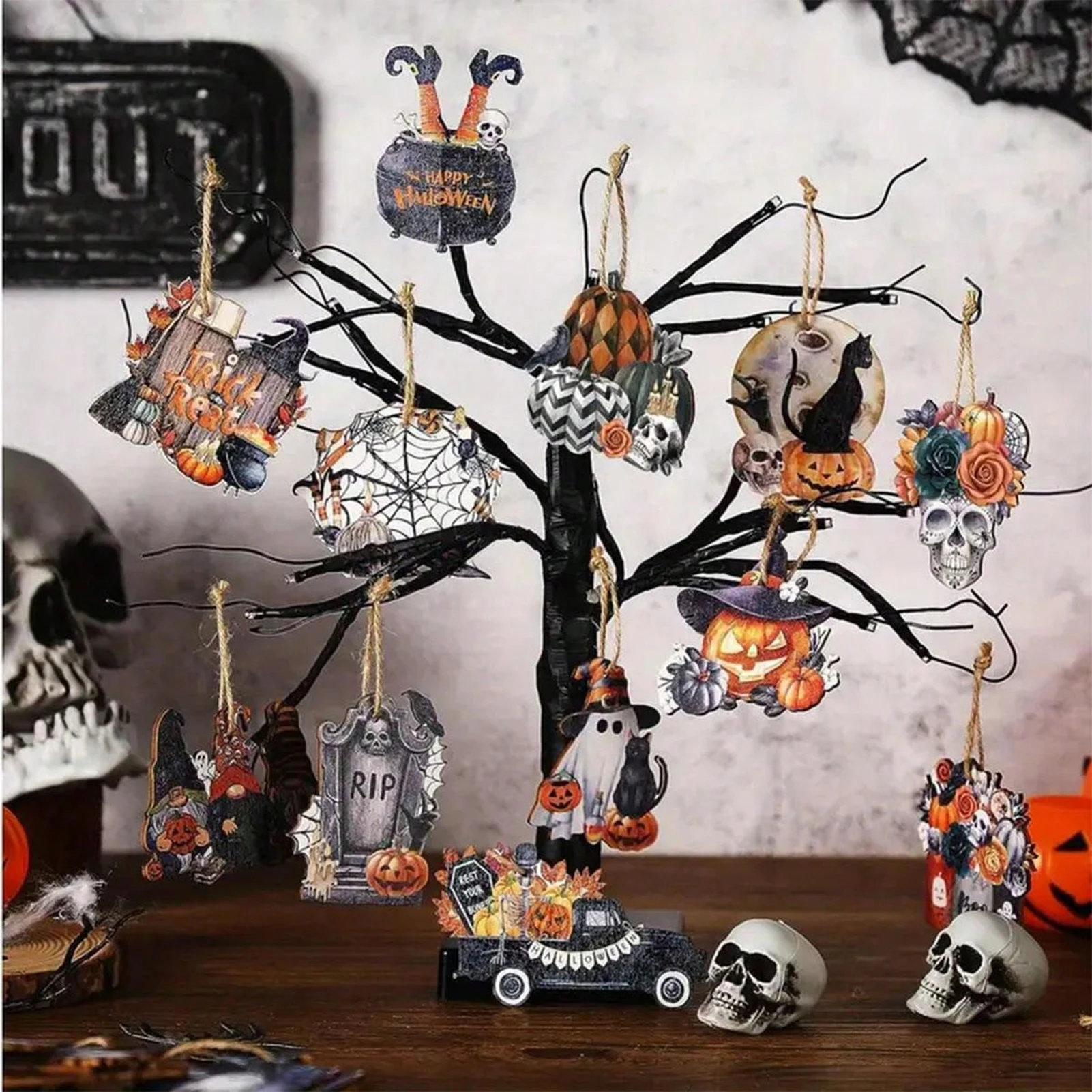 12/24/36pcs Halloween Wood Pumpkin Ornaments Horror Skull Desktop Pendant Fits Halloween Festive Haunted House Decor Supplies